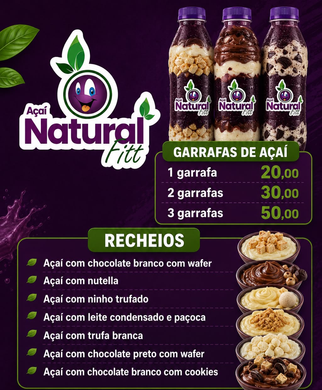 Cardápio das garrafas de açaí Natural Fitt